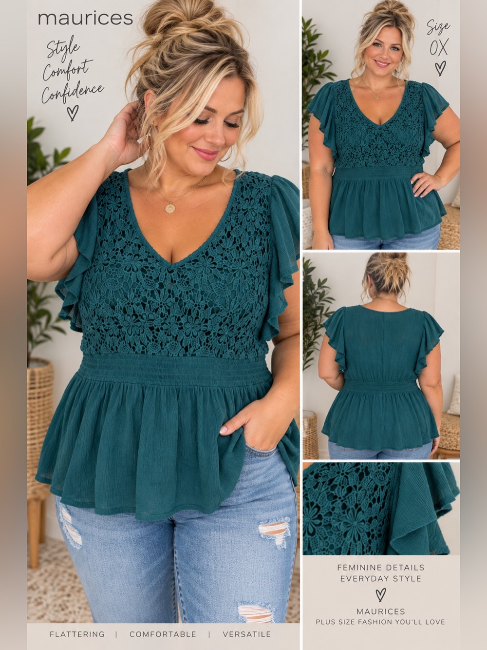 Maurices 0X Teal Crochet Lace Flutter Sleeve Peplum Top Boho Blouse